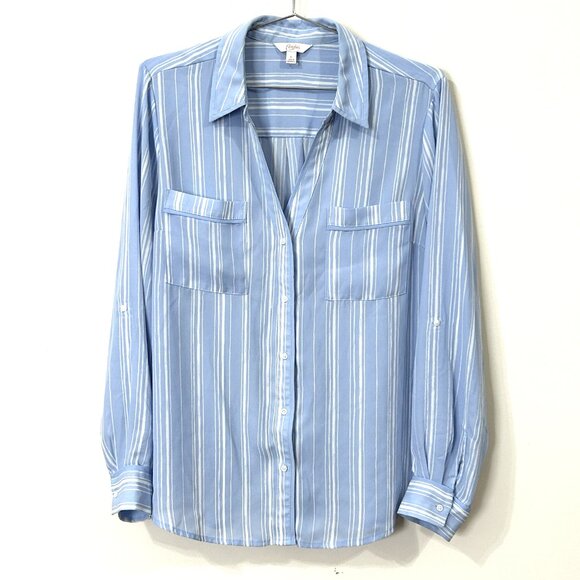 CANDIES Blue White Stripe Blouse Womens Large V Neck Roll Tab Lightweight Top - Picture 1 of 8